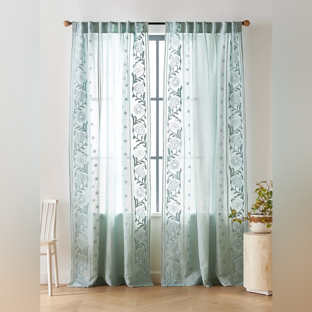 NIB / Manette Embroidered Cotton Linen Sheer Curtain